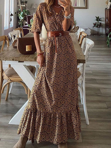 Woochic robe longue tropicale à volantée fluide ceinture v-cou trapèze manches au coude bohème plage Khaki S